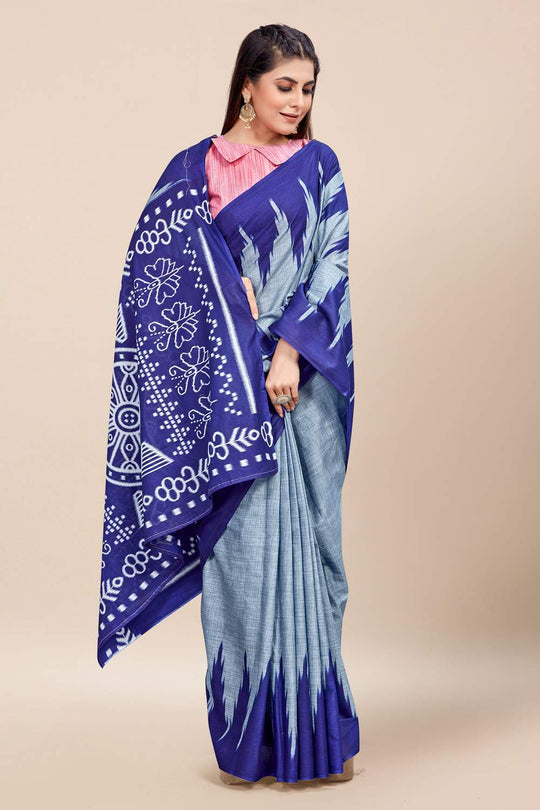 Womens Cotton Blue Saree With Blouse Piece