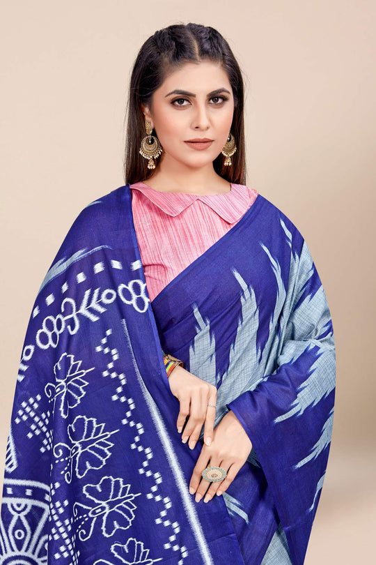 Womens Cotton Blue Saree With Blouse Piece