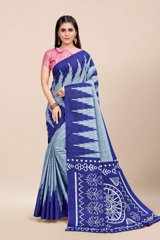 Womens Cotton Blue Saree With Blouse Piece