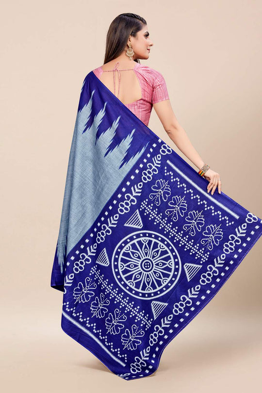 Womens Cotton Blue Saree With Blouse Piece