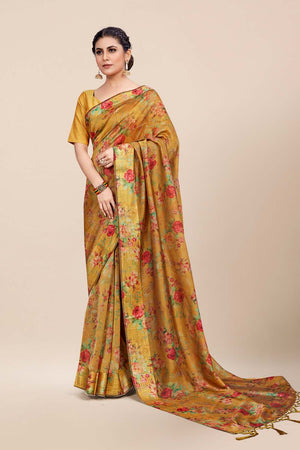 Womens Digital Print Viscose Yellow Saree With Blouse Piece