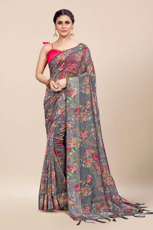 Womens Digital Print Viscose Grey Saree With Blouse Piece