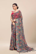 Womens Digital Print Viscose Grey Saree With Blouse Piece