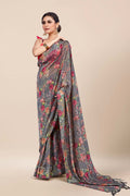 Womens Digital Print Viscose Grey Saree With Blouse Piece
