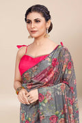 Womens Digital Print Viscose Grey Saree With Blouse Piece