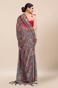 Womens Digital Print Viscose Grey Saree With Blouse Piece