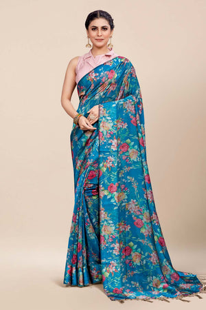 Womens Digital Print Viscose Blue Saree With Blouse Piece