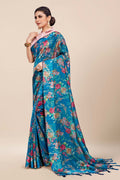 Womens Digital Print Viscose Blue Saree With Blouse Piece