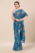Womens Digital Print Viscose Blue Saree With Blouse Piece