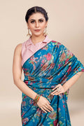 Womens Digital Print Viscose Blue Saree With Blouse Piece