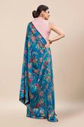 Womens Digital Print Viscose Blue Saree With Blouse Piece