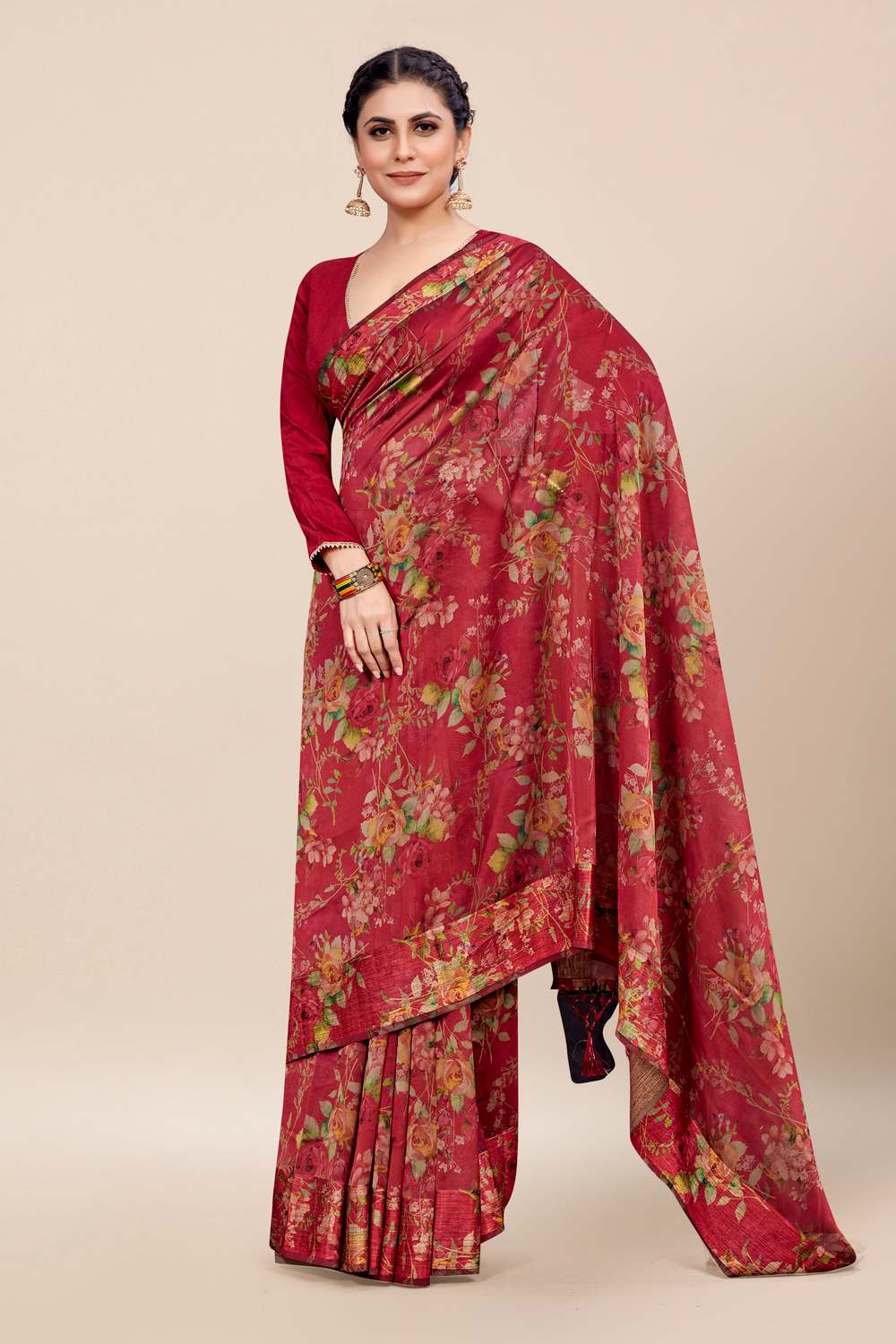 Womens Digital Print Viscose Red Saree With Blouse Piece
