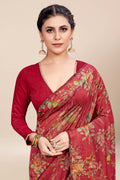 Womens Digital Print Viscose Red Saree With Blouse Piece
