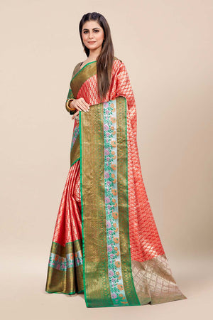 Womens Banarasi Silk Peach Saree With Blouse Piece
