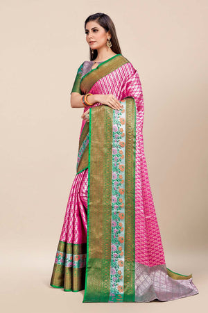 Womens Banarasi Silk Pink Saree With Blouse Piece