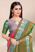 Womens Banarasi Silk Pink Saree With Blouse Piece