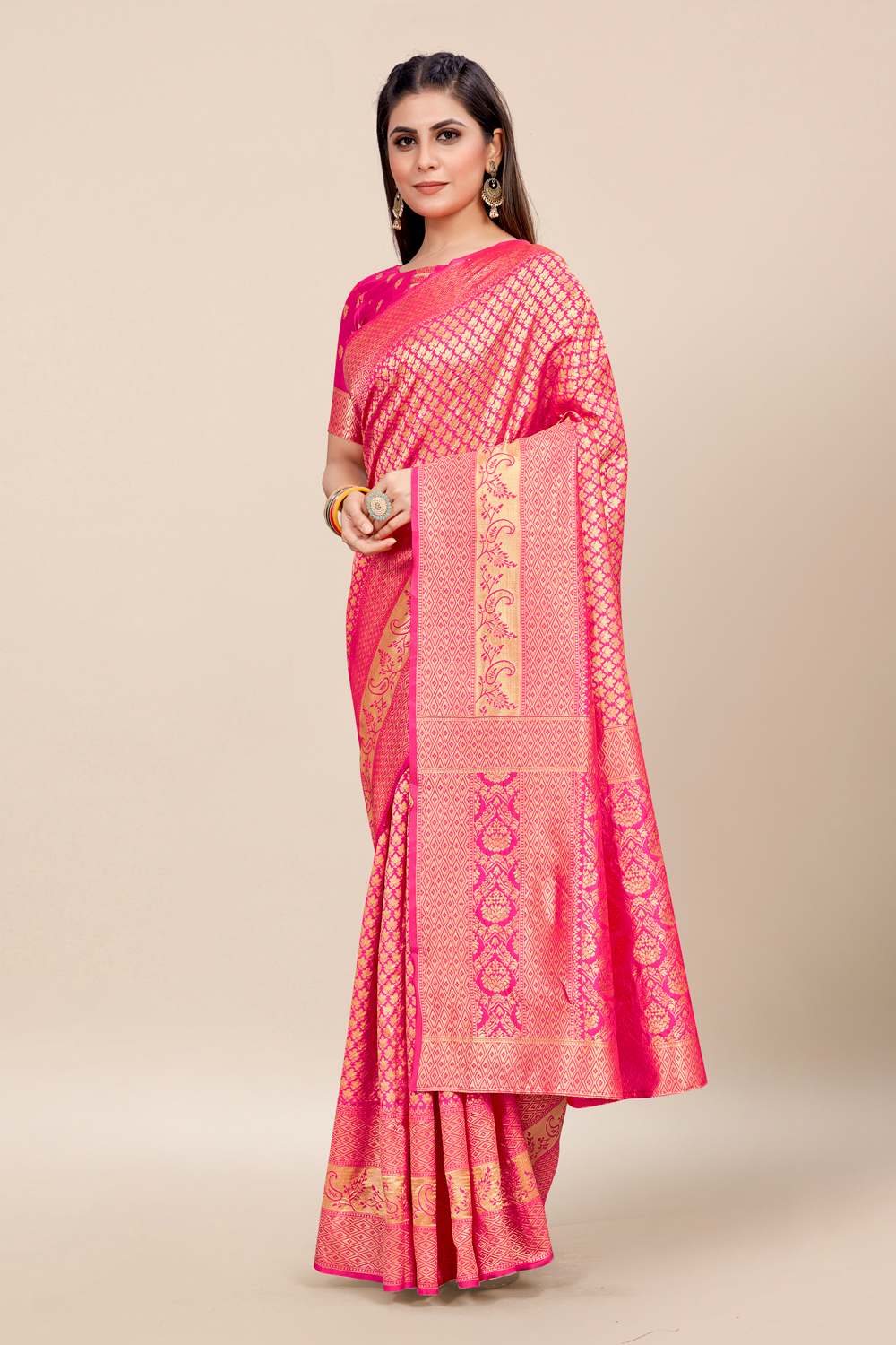 Womens Banarasi Silk Pink Saree With Blouse Piece