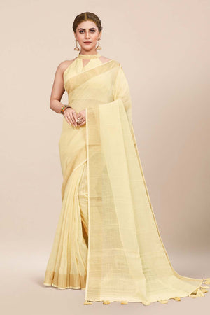 Womens Linen Blend Yellow Saree With Blouse Piece