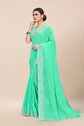 Womens Linen Blend Green Saree With Blouse Piece