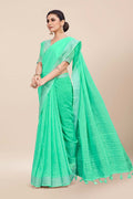 Womens Linen Blend Green Saree With Blouse Piece