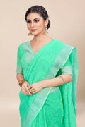 Womens Linen Blend Green Saree With Blouse Piece