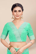 Womens Linen Blend Green Saree With Blouse Piece