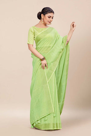 Womens Linen Blend Green Saree With Blouse Piece
