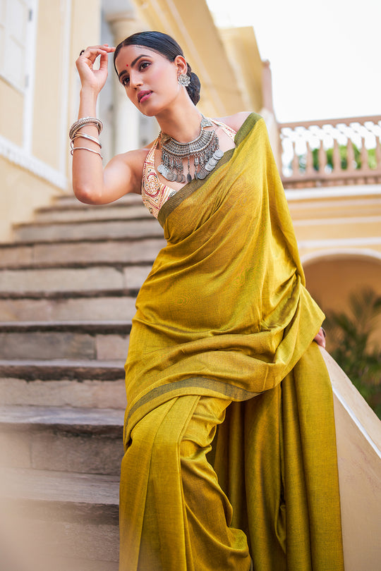 Fawn Yellow Mulmul Cotton Saree