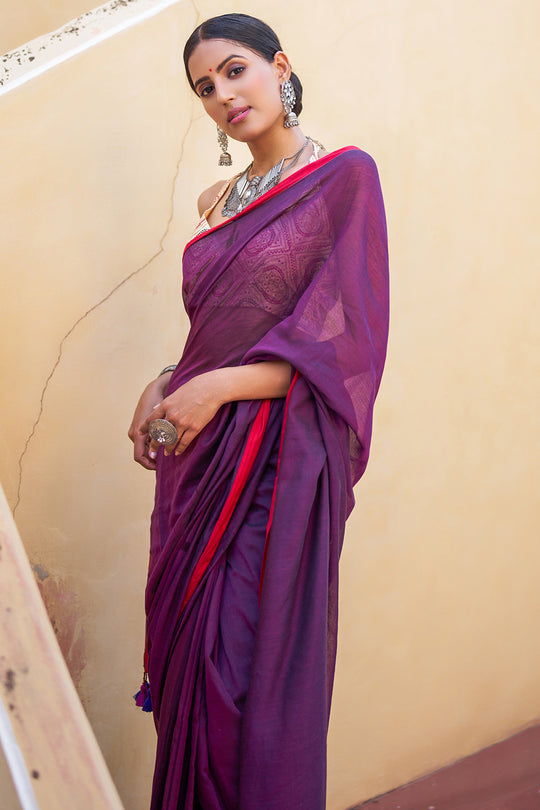 Violet Purple Mulmul Cotton Saree
