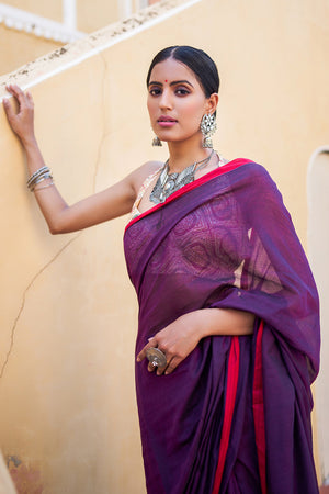 Violet Purple Mulmul Cotton Saree
