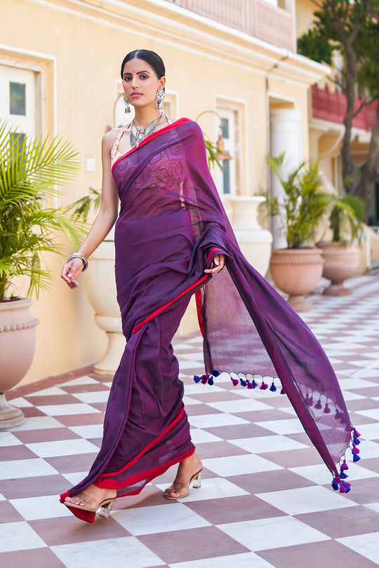 Violet Purple Mulmul Cotton Saree