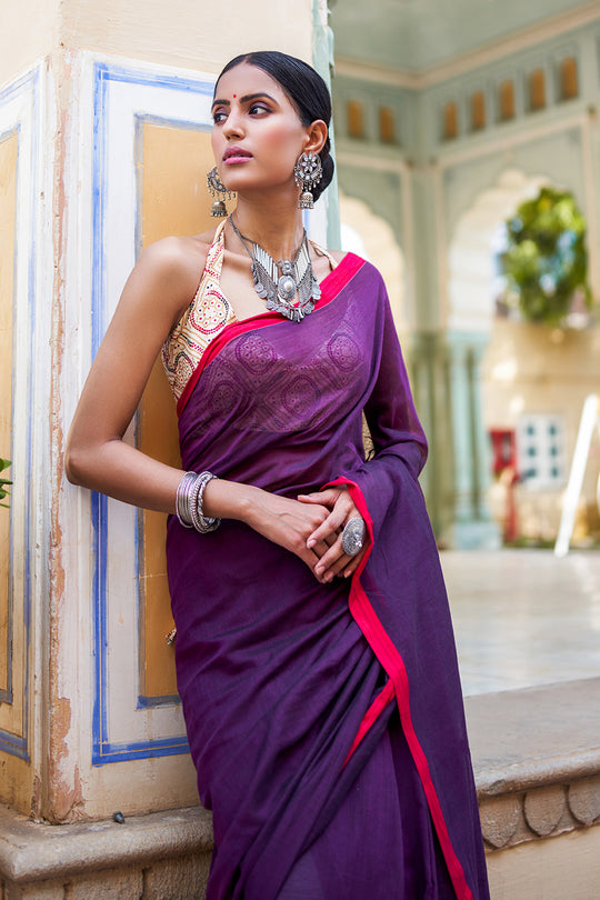 Violet Purple Mulmul Cotton Saree
