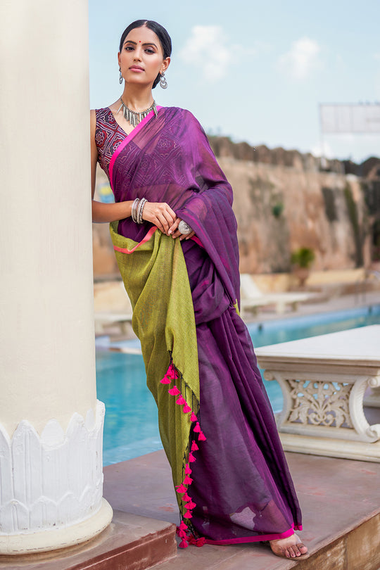 Dark Purple Mulmul Cotton Saree