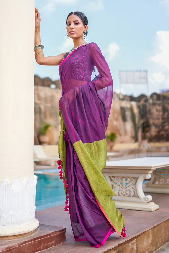 Dark Purple Mulmul Cotton Saree