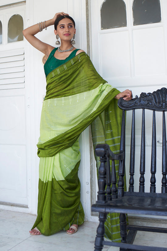 Hunter Green Mulmul Cotton Saree