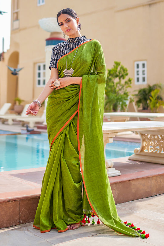 Forest Green Mulmul Cotton Saree