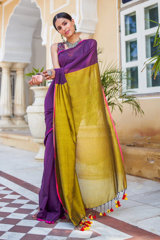 Violet And Green Mulmul Cotton Saree