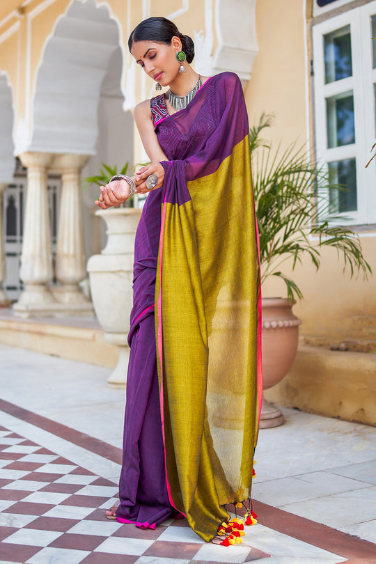 Violet And Green Mulmul Cotton Saree