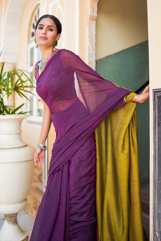 Violet And Green Mulmul Cotton Saree