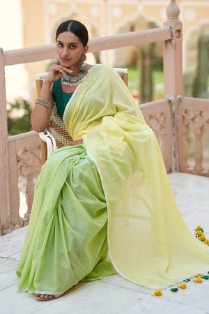 Lime Green Mulmul Cotton Saree