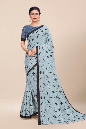 Womens Digital Print Viscose Blue Saree With Blouse Piece