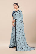 Womens Digital Print Viscose Blue Saree With Blouse Piece