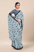 Womens Digital Print Viscose Blue Saree With Blouse Piece