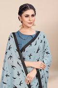 Womens Digital Print Viscose Blue Saree With Blouse Piece