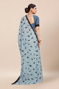 Womens Digital Print Viscose Blue Saree With Blouse Piece