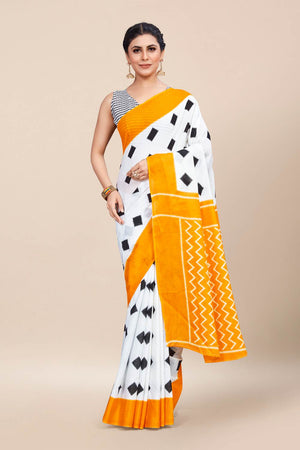Womens Cotton White Saree With Blouse Piece