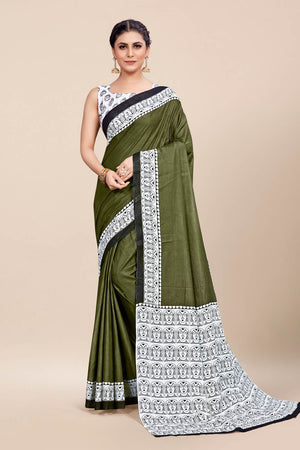Womens Cotton Green Saree With Blouse Piece