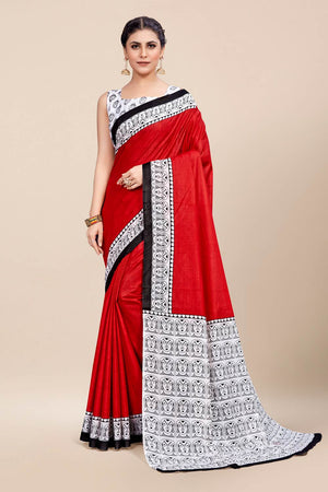 Womens Cotton Red Saree With Blouse Piece
