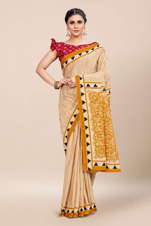 Womens Digital Print Viscose Yellow Saree With Blouse Piece