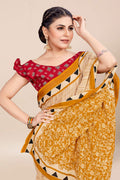 Womens Digital Print Viscose Yellow Saree With Blouse Piece